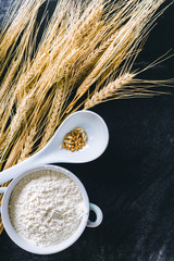 Wheat ears and flour on black background