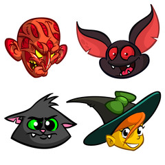 Cartoon monster characters icons set. Zombie, witch cat, bat and witch. Halloween vector