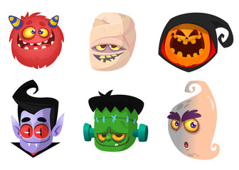 Halloween characters icon set. Cartoon head avatars of pumpkin Jack o lntern, zombie, vampire, red monster, mummy and ghost.