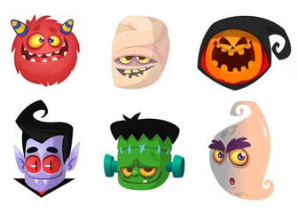Fotobehang Halloween characters icon set. Cartoon head avatars of pumpkin Jack o lntern, zombie, vampire, red monster, mummy and ghost. © drawkman