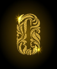 0. Decorative Font with swirls and floral elements. Ornate decorated digit zero with golden glitter