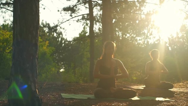 Girls meditating practicing yoga at sunset in forest Padmasana Slow motion
