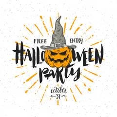Halloween party invitation with pumpkin in a witch hat - vector illustration with hand drawn type calligraphy design.