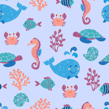 Cute sea animals seamless pattern. Vector background with children drawings of whale, turtle, sea horse and fishes. © Afanasia
