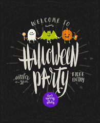 Halloween vector hand drawn illustration. Invitation or greeting card with Halloween sign and symbols and calligraphy.
