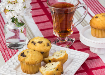 Mini chocolate chips muffins and cup of tea.