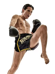 Papier Peint photo Lavable Arts martiaux Muay Thai kickboxing kickboxer boxing man isolated