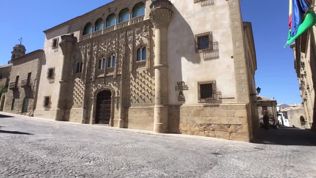 Jabalquinto palace with the Romanesque church of Santa Cruz to the rear, Baeza, Jaen Province, Andalusia, Spain, Western Europe