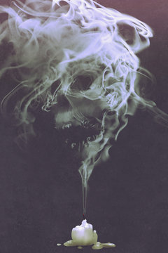Fototapeta skull shaped smoke comes out from burnt candle,horror concept,illustration painting