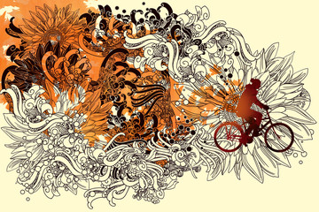abstract autumn concept with floral line art and man ride a bicycle,illustration painting