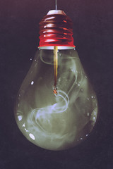 Fototapeta premium light bulb with burnt matchstick inside on dark background,illustration painting