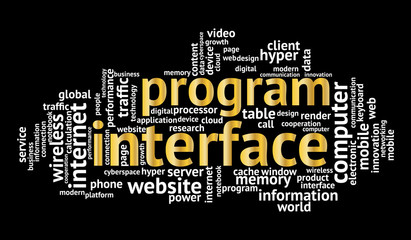 Program interface word cloud on black background. Technology and internet concept.