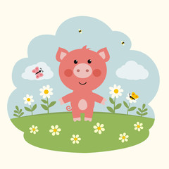 Funny little pig on flower field. Cartoon pig and flowers.