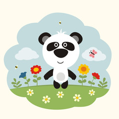 Funny little panda on flower field. Cartoon panda bear and flowers.