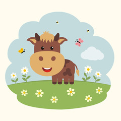 Cartoon cow. Funny little cow on flower field