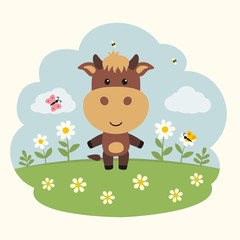 Obraz na płótnie Canvas Cartoon calf. Funny little calf on flower field