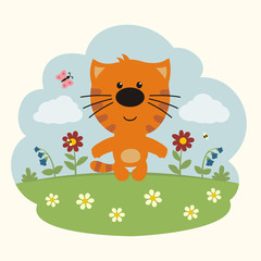 Obraz na płótnie Canvas Cartoon kitten. Funny little kitten on flower field