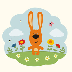 Cartoon rabbit. Funny little rabbit on flower field