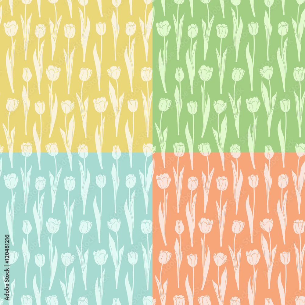 Poster set of seamless patterns with tulips. vector backgrounds.
