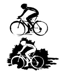 Obraz premium Cyclist grunge silhouette. Black, expressive stylized of cyclist imitating drawing ink and brush. Vector available.