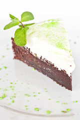 Homemade Chocolate Cake with vanilla cream and mint