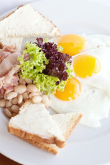 fried egg, vegetable salad and a grilled sandwich on a light bac