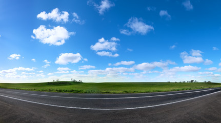 Panotama of green meadow with asphalt road and blue sky