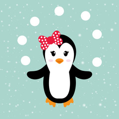 cartoon penguin girl with snowball