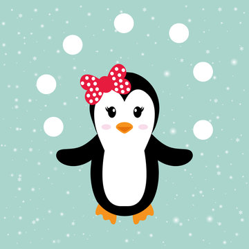 cartoon penguin girl with snowball