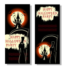 Halloween background: spooky death with large scythe, bats, scary castle and bloody text in cartoon style on backdrop big moon. Concept banner, poster, invitation, flyer or ticket on party. Vector