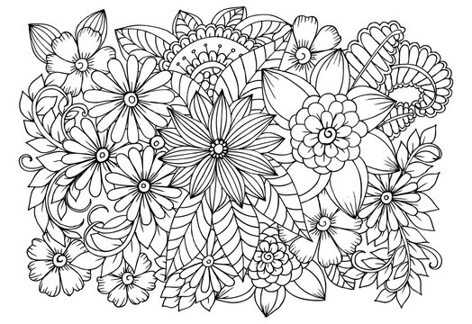 Doodle floral pattern in black and white. Page for coloring book. Zentangle drawing. Flower carpet in magic garden