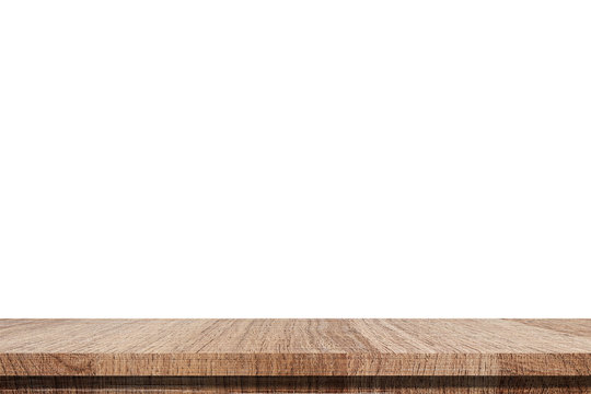 Empty wooden table isolated on white background