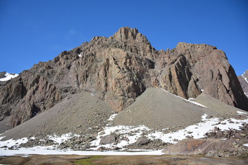 Landscape of mountains, volcano, glacier, snow, valley in Chile