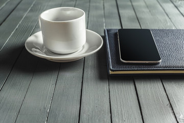 coffee mug on a dark wooden table