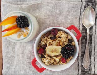 Healthy breakfast muesli with blueberry and red currant and milk with blueberry and raspberry