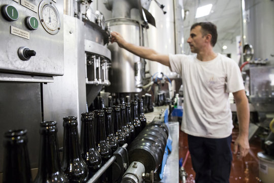 Man pressing button in beer bottling plant
