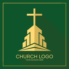 Church logo. Christian symbols. Stylish cross of Jesus Christ among graphic vector elements.