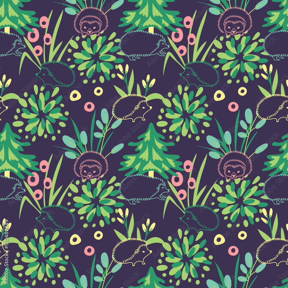 Aufkleber hedgehogs in the forest. vector seamless pattern