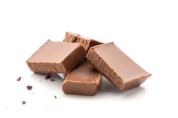broken chocolate bars on white background