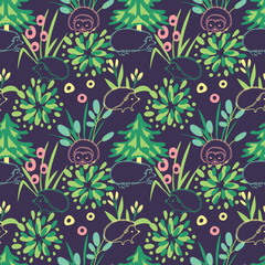 Hedgehogs in the forest. Vector seamless pattern
