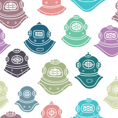 Retro diving helmets seamless pattern