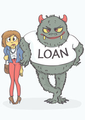 Cartoon of worried, exhausted woman and loan monster leaned on her. Funny vector illustration of loan concept.