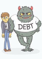 Cartoon of worried, exhausted man and debt monster leaned on him. Funny vector illustration of debt concept.