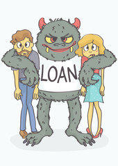 Cartoon of scared young couple embraced by loan monster. Vector illustration of loan concept.