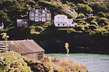 View of the harbour at Port Issac Vintage Retro Filter.