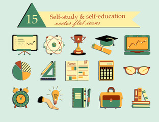 Self study and education themed icons set.