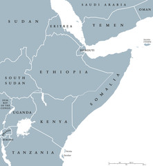 Horn of Africa peninsula countries political map with national borders and the biggest lakes. East Africa, in ancient times Land of the the Berbers. English labeling and scaling. Illustration on white © Peter Hermes Furian