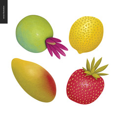 Fruit vector stickers. A set of four cartoon hand drawn fruits, mango, lemon, strawberry and a fantasy fruit.