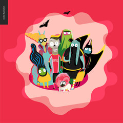 Treak or treat group of children, greeting card. Vector cartoon illustrated group of kids wearing Halloween costumes and a french bulldog, scared by something. Composition placed on a waved shape