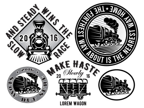 set of templates with retro locomotive, wagon, vintage train, logotype, illustration to topic railroad